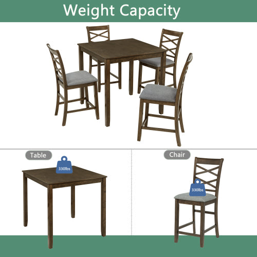 5-Piece Counter Height Dining Set with 4 Upholstered Chairs, Walnut Wood Table Set for Kitchen & Dining Room