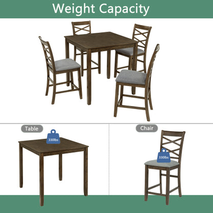 5-Piece Counter Height Dining Set with 4 Upholstered Chairs, Walnut Wood Table Set for Kitchen & Dining Room