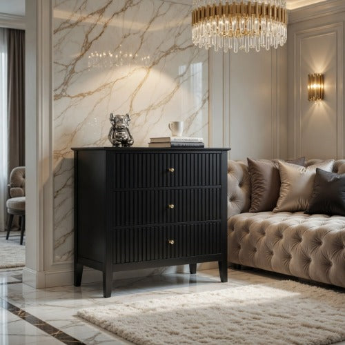 32inch Black Fluted 3-Drawer Nightstand