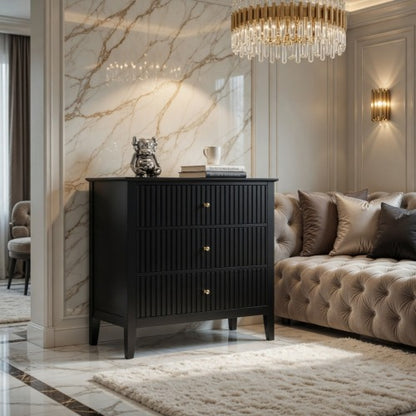 32inch Black Fluted 3-Drawer Nightstand