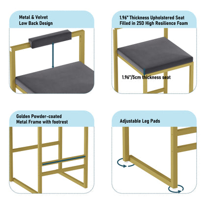2-Pack Gray Velvet Bar Stools, Gold Metal Frame with Footrest