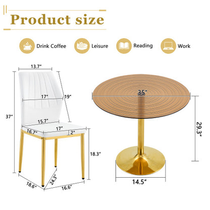 5-Piece Brown Ring Glass Round Dining Set, Gold Frame Table & 4 White PU Shell Chairs