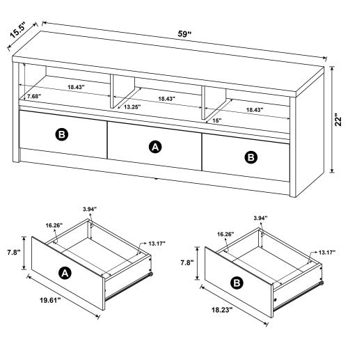 Modern Black 3-Drawer 59 Inch TV Media Console with Cable Cutout