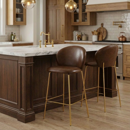 Indoor Upholstered Bar Stool, Dark Brown Faux Leather with Metal Frame, Set of 2