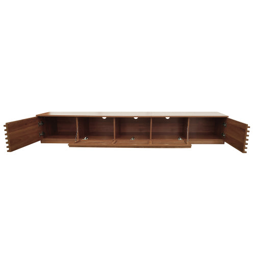 86.6 inch Walnut Legless Horizontal Slat Flip Door TV Stand Low Profile Media Console Fits 90 inch TV