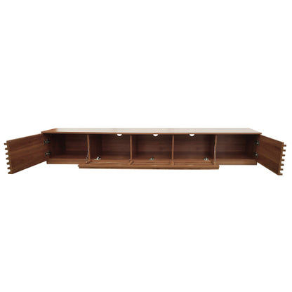 86.6 inch Walnut Legless Horizontal Slat Flip Door TV Stand Low Profile Media Console Fits 90 inch TV
