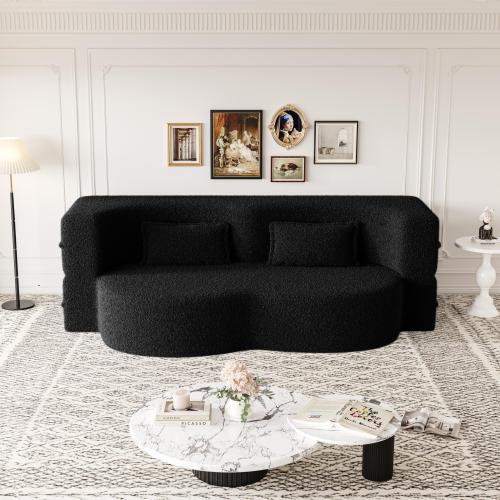 Black Convertible Sherpa-Fleece Full-Size Floor Sofa-Bed 15 inch  Height with 2 Pillows No-Assembly