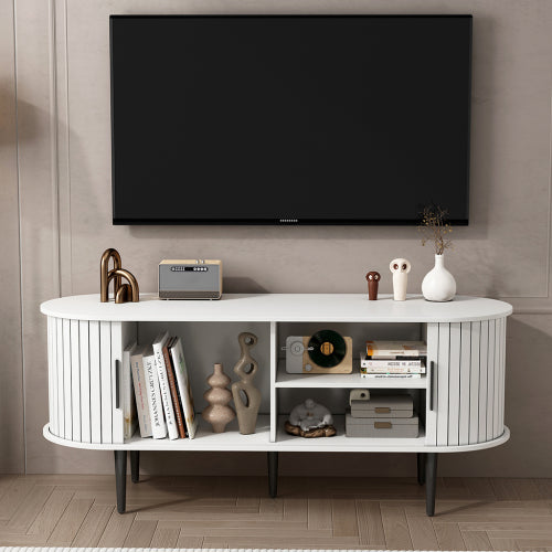 47 Inch White Mid-Century Media Console Fluted Sliding Door MDF TV Stand with Metal Support Legs