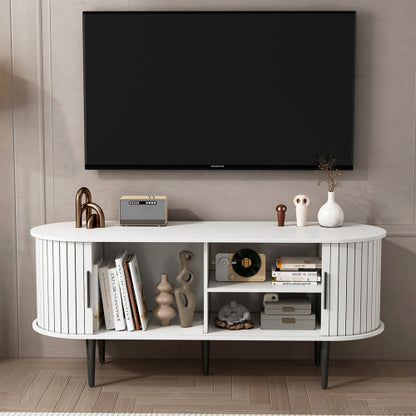 47 Inch White Mid-Century Media Console Fluted Sliding Door MDF TV Stand with Metal Support Legs