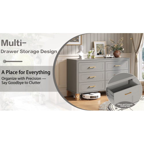 Gray 6 Drawer Double Dresser Modern Storage Cabinet with Metal Handles Solid Wood Legs