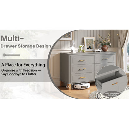 Gray 6 Drawer Double Dresser Modern Storage Cabinet with Metal Handles Solid Wood Legs