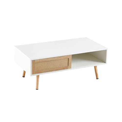 Rattan Coffee Table Sliding Door Storage Wood Leg White Modern Living Room Table