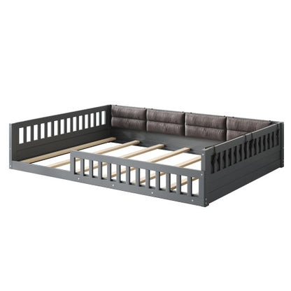 Wood Full Size Upholstered Platform Bed with Guardrail and Pillow, Gray