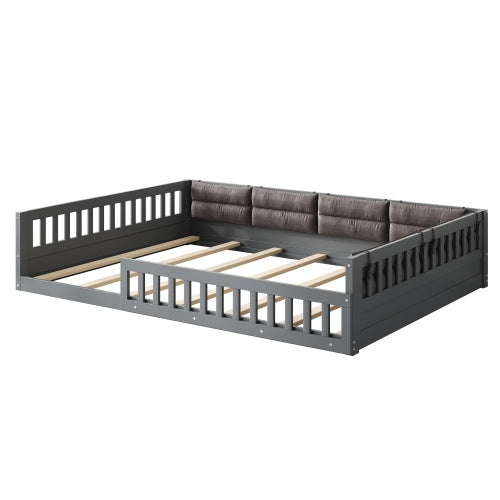 Wood Full Size Upholstered Platform Bed with Guardrail and Pillow, Gray