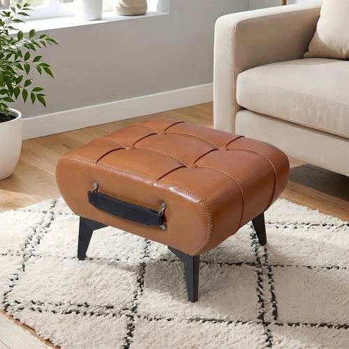 Rectangular Tufted Faux Leather Storage Ottoman with Portable Handle & Metal Legs, Multi-Function Foot Stool for Bedroom