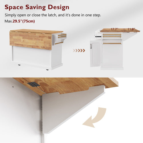54 Inch Rolling Kitchen Island with Drop Leaf Drawers & Wheels White