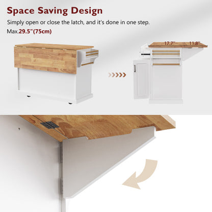 54 Inch Rolling Kitchen Island with Drop Leaf Drawers & Wheels White