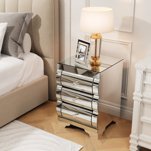 Silver Mirrored Nightstand with 3 Drawers, Curved Glass & MDF Bedside Chest for Small Spaces