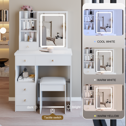 29.2 inch  Small Vanity Table w/ LED Mirror, Left Drawer, 3-Color Dimmable Light & Stool