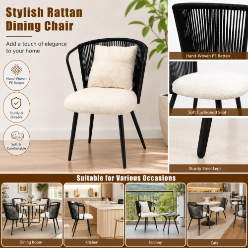 PE Rattan Dining Armchairs with Teddy Cushions and Pillows, Set of 2, Black