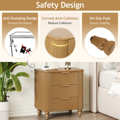 Mid-Century Fluted 3 Drawers Nightstand, Bedside Table with Curved Profile Design and Wide Gold Glossy Handles, End Table for Living Room, Bedroom, Easy Assembly, Natural