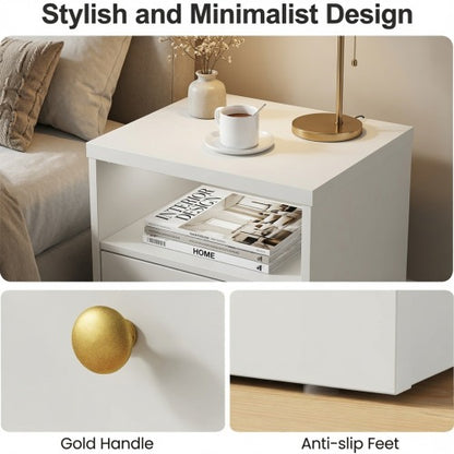 2-Pack White Modern Nightstand, Faux Drawer Design with Cabinet & Open Shelf