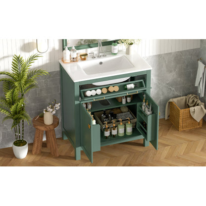 30-inch Bathroom Vanity with Ceramic Sink, Modern Green Single Bathroom Cabinet with 2 Doors and a Shelf, Soft Close Doors
