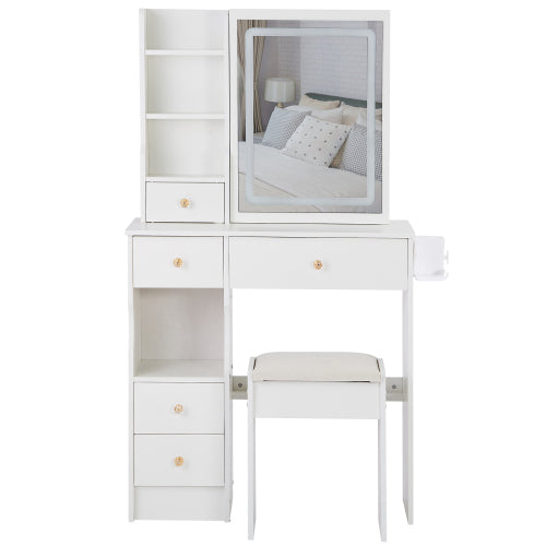 29.2" Small Size Drawer Desktop Vanity Table + Cushioned Stool, 2 AC+2 USB Power Station, Hair dryer bracket, Extra Large Touch Control Sliding LED Mirror, 3-color Switching, EPA, GCC, UL Certificate