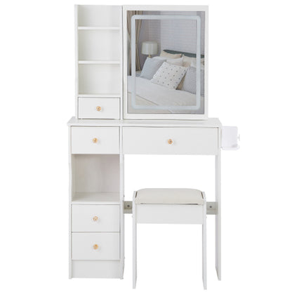 29.2" Small Size Drawer Desktop Vanity Table + Cushioned Stool, 2 AC+2 USB Power Station, Hair dryer bracket, Extra Large Touch Control Sliding LED Mirror, 3-color Switching, EPA, GCC, UL Certificate