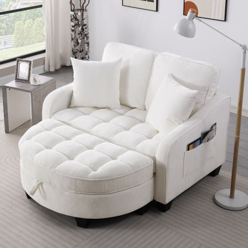 Beige 2-Seater Irregular Curved Sofa Chaise, Storage Footrest, 2 Throw Pillows