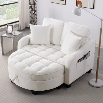 Beige 2-Seater Irregular Curved Sofa Chaise, Storage Footrest, 2 Throw Pillows