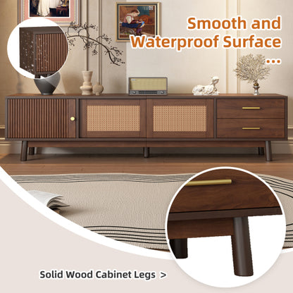 70.86 Inch Dark Brown PE Rattan Sliding Door TV Stand Solid Wood Leg Media Console For 80 Inch TV