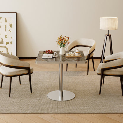 31.5 Inch Modern Snow Mountain Stone Dining Table, Square Tulip Table with Aluminum Alloy Trim & Gold Steel Base