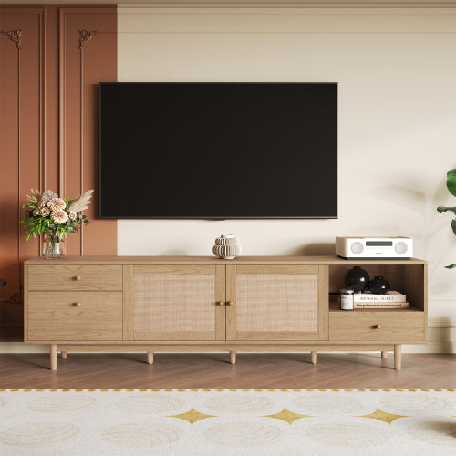 76.6 inch Natural Real Rattan TV Stand 3 Drawer Entertainment Center Fits 65¨C85 Inch TV