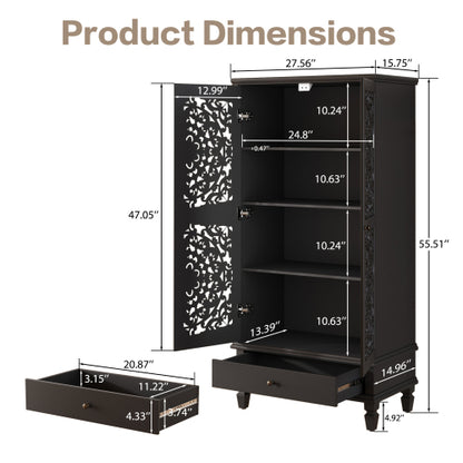 55 Inch Rustic Storage Cabinet with Drawer Carved Doors Black Accent Cabinet