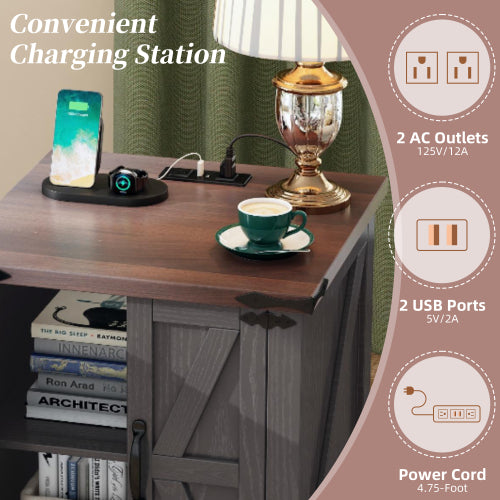 Farmhouse End Table with Charging Station, Rustic Nightstand with Barn Doors and Adjustable Shelf, Walnut Top Grey Cabinet