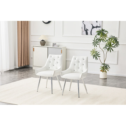 Set of 2 White Crocodile Pattern PU Dining Chairs, Diamond Tuft Chrome Metal Leg 400lbs Luxury Accent Chairs