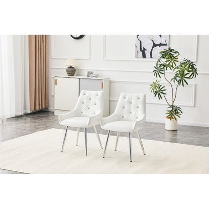 Set of 2 White Crocodile Pattern PU Dining Chairs, Diamond Tuft Chrome Metal Leg 400lbs Luxury Accent Chairs