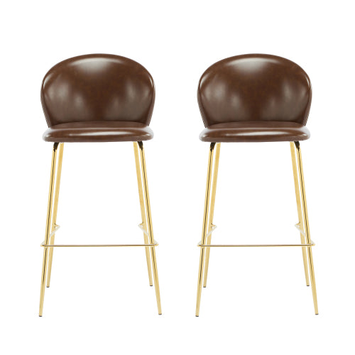 Indoor Upholstered Bar Stool, Dark Brown Faux Leather with Metal Frame, Set of 2