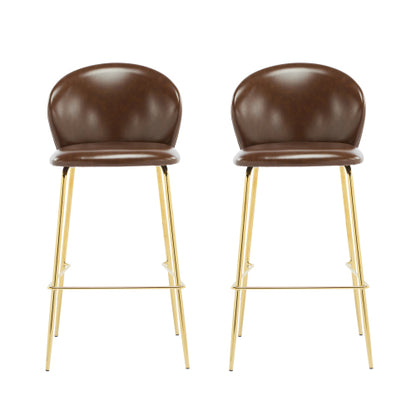 Indoor Upholstered Bar Stool, Dark Brown Faux Leather with Metal Frame, Set of 2