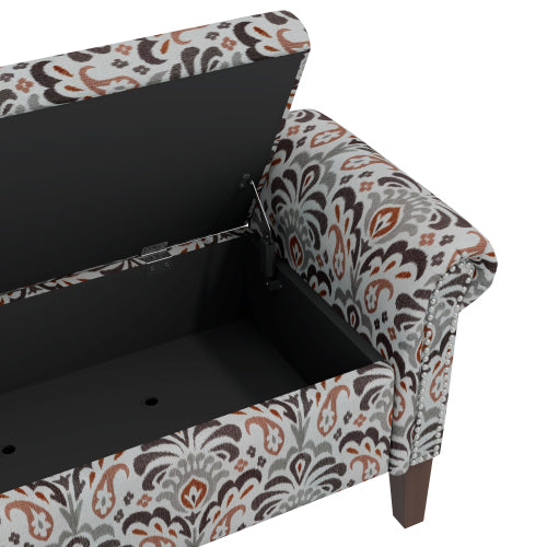 Traditional Rolled Arm Storage Bench Otttoman with Pewter Nailhead Trim in Amber Damask Pattern with Dark Brown Solid Wood Legs