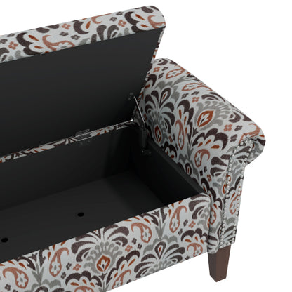 Traditional Rolled Arm Storage Bench Otttoman with Pewter Nailhead Trim in Amber Damask Pattern with Dark Brown Solid Wood Legs