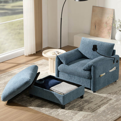 37 inch  Chenille Single Armchair, Storage Ottoman, USB-C Charger & Phone Holder