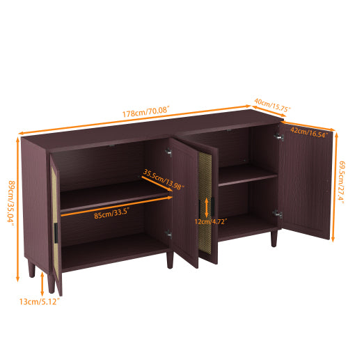 70 Inch Brown Rattan Four-Door Sideboard MDF Solid Wood Leg Adjustable Shelf Easy Assembly Home Storage Cabinet