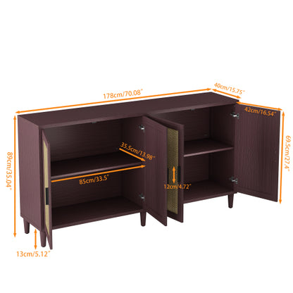 70 Inch Brown Rattan Four-Door Sideboard MDF Solid Wood Leg Adjustable Shelf Easy Assembly Home Storage Cabinet