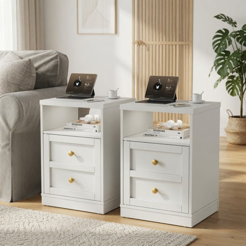2-Pack White Modern Nightstand, Faux Drawer Design with Cabinet & Open Shelf