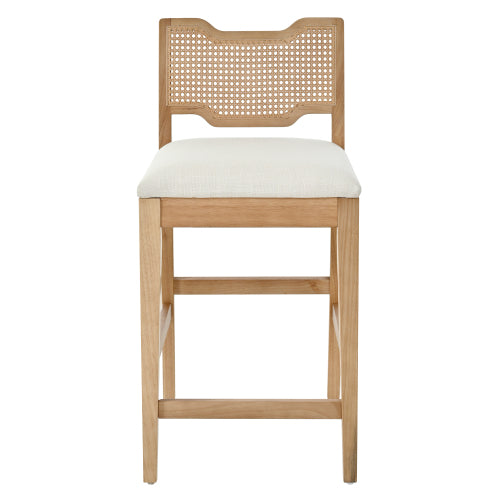 Set of 2 Natural Rubber Wood Farmhouse Rattan Back Counter Bar Stools, Beige Fabric 27.9inch  Seat Height Armless Stools