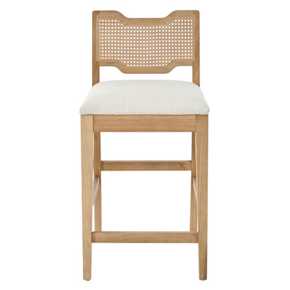 Set of 2 Natural Rubber Wood Farmhouse Rattan Back Counter Bar Stools, Beige Fabric 27.9inch  Seat Height Armless Stools
