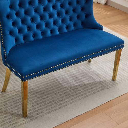 Velvet Double Dining Loveseat Bench, Kitchen & Dining Seating, 2-Seat Tufted Bench w/Handmade Buttons, Wing Back, Gold-Plated Steel Legs, Mid Century Modern,Single Pack,Blue