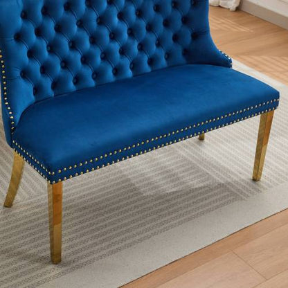 Velvet Double Dining Loveseat Bench, Kitchen & Dining Seating, 2-Seat Tufted Bench w/Handmade Buttons, Wing Back, Gold-Plated Steel Legs, Mid Century Modern,Single Pack,Blue